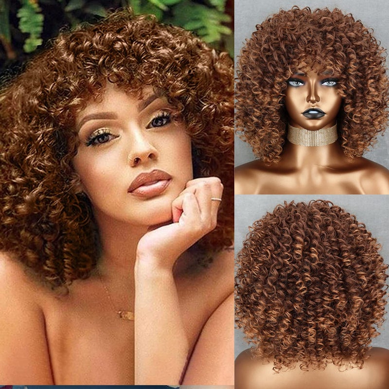 Xinran Brown Curly Afro Wig for Black Women,Short Kinky Curly Wig with Bangs,Synthetic Afro Full Hair Wig 14inch(Light Brown) - Image 1